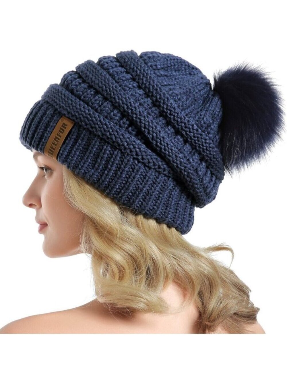 Women Denim Blue Soft Acrylic Thick Baggy Knit Winter Faux Fur Pompom Beanie